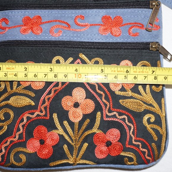 Floral Embroidered suede 5 zip crossbody festival boho bag RAYZ multi function - Picture 9 of 9